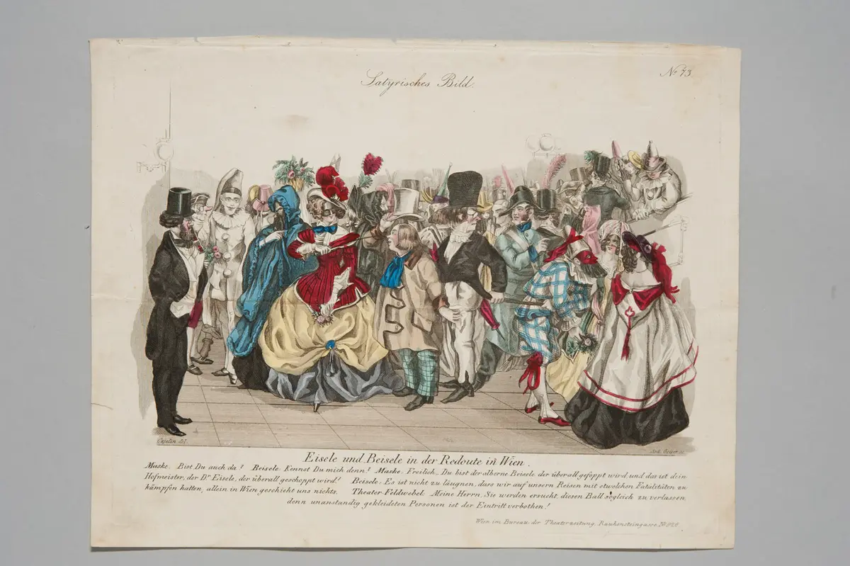 Eisele und Beisele in der Redoute in Wien, Titel der Serie: Satyrisches Bild, Name der Zeitschrift: Wiener Theaterzeitung