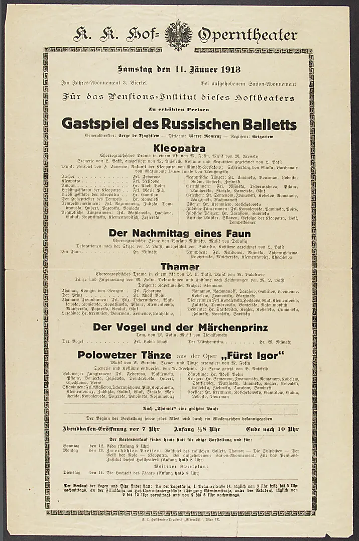 Russisches Ballett, Alternativtitel: Ballets Russes, Verweis auf Stücktitel: Kleopatra, Verweis auf Stücktitel: Der Nachmittag eines Fauns, Verweis auf Stücktitel: Der Vogel und der Märchenprinz, Verweis auf Stücktitel: Polowetzer Tänze aus 