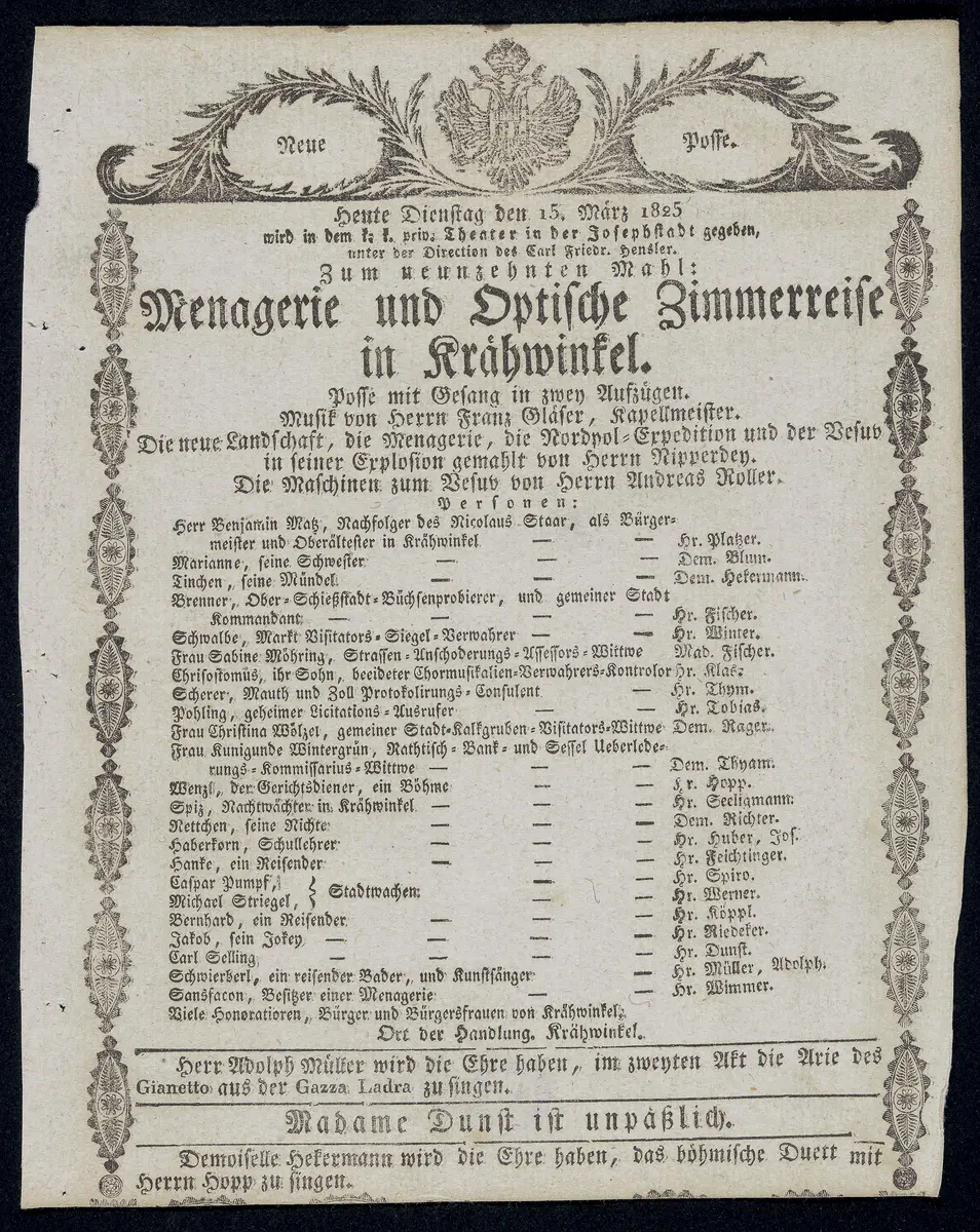 Menagerie und optische Zimmerreise in Krähwinkel