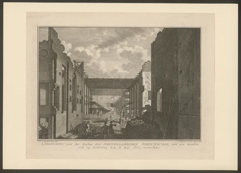 Amsterdam, Schauburg, Alternativtitel: Amsterdam, Schouwburg, Titel in Vorlageform: Afbeelding van de Ruine des Amsterdamschen Schouwburgs, zoo als dezelve zich op Zaturdag den 16 May 1772, vertoonde.