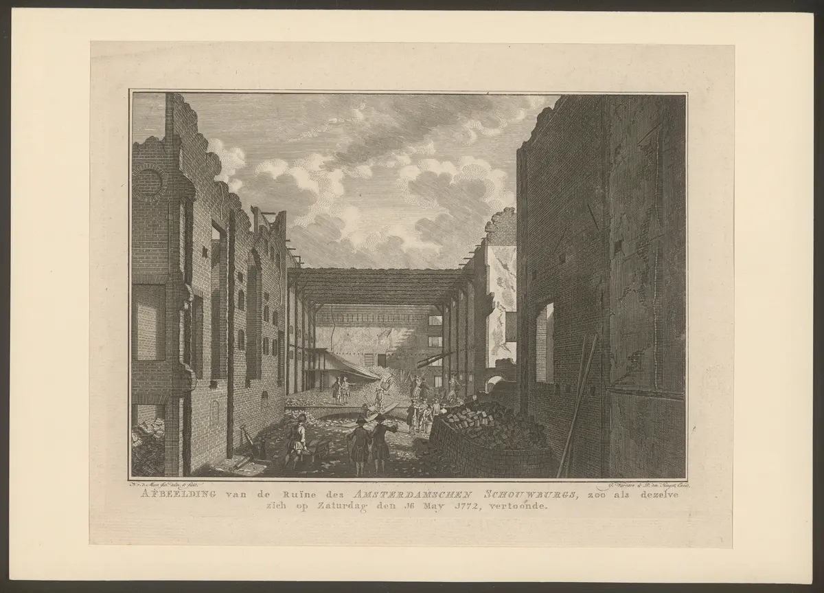 Amsterdam, Schauburg, Alternativtitel: Amsterdam, Schouwburg, Titel in Vorlageform: Afbeelding van de Ruine des Amsterdamschen Schouwburgs, zoo als dezelve zich op Zaturdag den 16 May 1772, vertoonde.