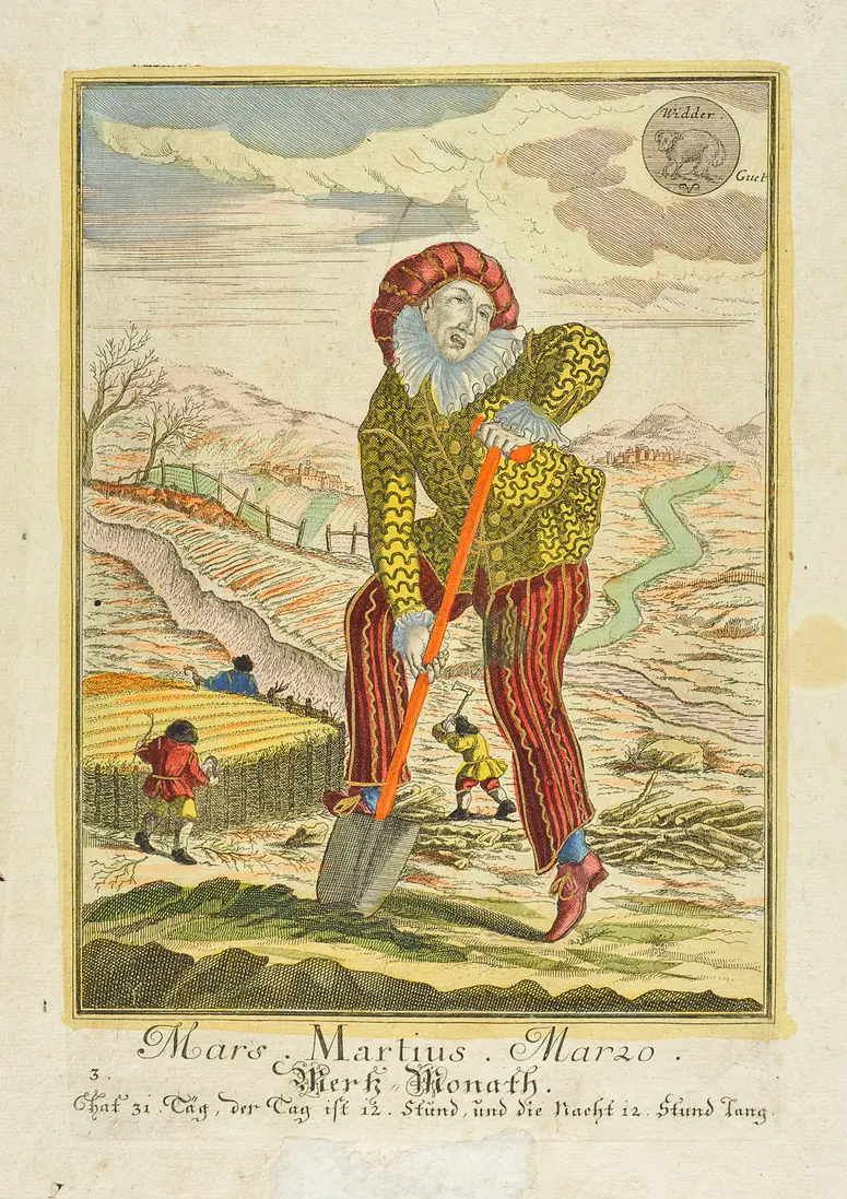 Monatsdarstellung, Titel in Vorlageform: Mars. Martius. Marzo / Mertz Monath