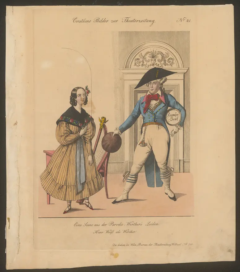 Werther's Leiden, Alternativtitel: Werthers Leiden oder der Pudel als Retter, Titel der Serie: Costume-Bild, Name der Zeitschrift: Wiener Theaterzeitung