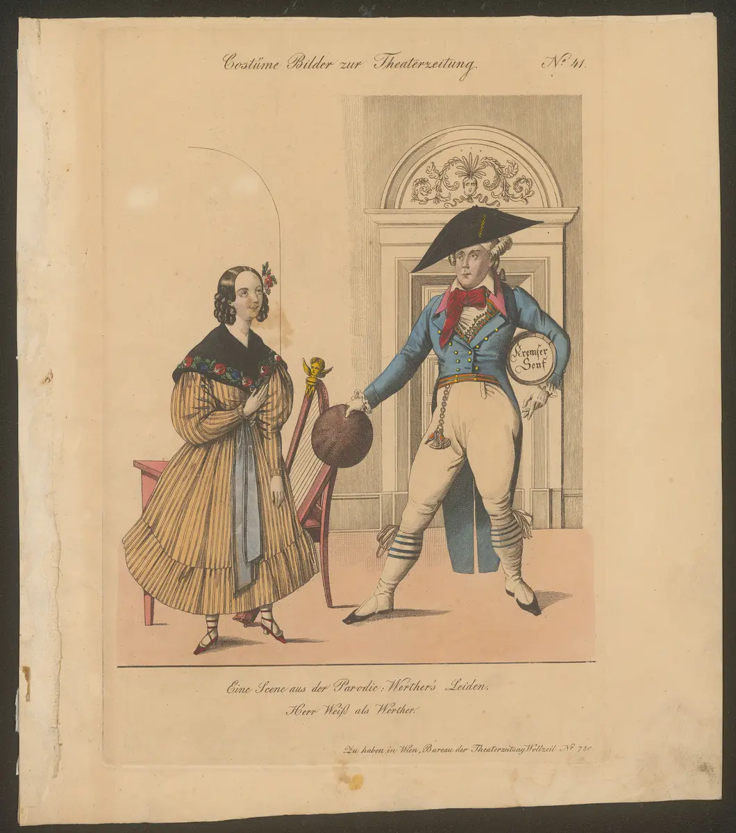 Werther's Leiden, Alternativtitel: Werthers Leiden oder der Pudel als Retter, Titel der Serie: Costume-Bild, Name der Zeitschrift: Wiener Theaterzeitung