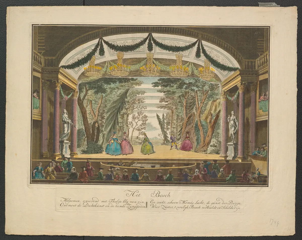 ohne Titel, Titel in Vorlageform: Het Bosch (Wald), Titel der Serie: Toneeldecors van de Amsterdamse Schouwburg (Theaterdekorationen der Amsterdamer Schauburg), Verweis auf Stücktitel: Het Eeuwgetijde van den Amsteldamschen Schouwburg