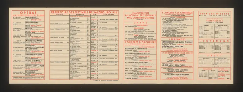 Salzburger Festspiele 1938, Titel in Vorlageform: Salzbourg Festivals 1938, Verweis auf Stücktitel: Cosi fan tutte, Verweis auf Stücktitel: Don Giovanni, Verweis auf Stücktitel: Falstaff, Verweis auf Stücktitel: Fidelio, Verweis auf Stücktitel: Die Meistersinger von Nürnberg, Verweis auf Stücktitel: Le nozze di figaro, Verweis auf Stücktitel: Orpheus und Eurydike, Verweis auf Stücktitel: Der Rosenkavalier, Verweis auf Stücktitel: Tannhäuser, Verweis auf Stücktitel: Die Zauberflöte, Verweis auf Stücktitel: Jedermann, Verweis auf Stücktitel: Faust