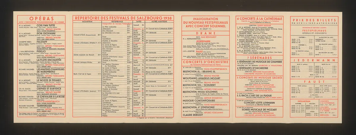 Salzburger Festspiele 1938, Titel in Vorlageform: Salzbourg Festivals 1938, Verweis auf Stücktitel: Cosi fan tutte, Verweis auf Stücktitel: Don Giovanni, Verweis auf Stücktitel: Falstaff, Verweis auf Stücktitel: Fidelio, Verweis auf Stücktitel: Die Meistersinger von Nürnberg, Verweis auf Stücktitel: Le nozze di figaro, Verweis auf Stücktitel: Orpheus und Eurydike, Verweis auf Stücktitel: Der Rosenkavalier, Verweis auf Stücktitel: Tannhäuser, Verweis auf Stücktitel: Die Zauberflöte, Verweis auf Stücktitel: Jedermann, Verweis auf Stücktitel: Faust