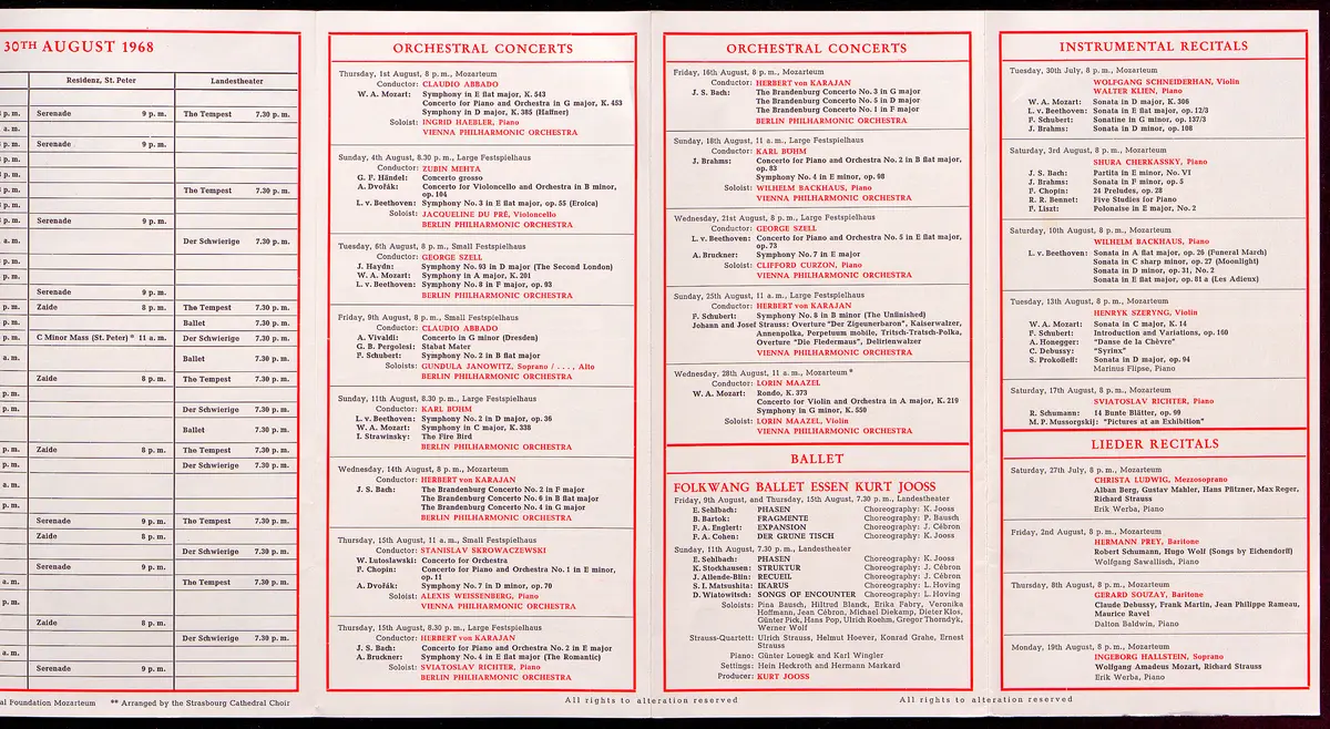 Salzburger Festspiele 1968, Titel in Vorlageform: Salzburg Festival 1968, Verweis auf Stücktitel: Fidelio, Verweis auf Stücktitel: Don Giovanni, Verweis auf Stücktitel: Figaros Hochzeit, Verweis auf Stücktitel: Zaide, Verweis auf Stücktitel: Die Zauberflöte, Verweis auf Stücktitel: Der Barbier von Sevilla, Verweis auf Stücktitel: Rappresentatione di anima e di corpo, Verweis auf Stücktitel: Jedermann, Verweis auf Stücktitel: Der Schwierige, Verweis auf Stücktitel: Der Sturm