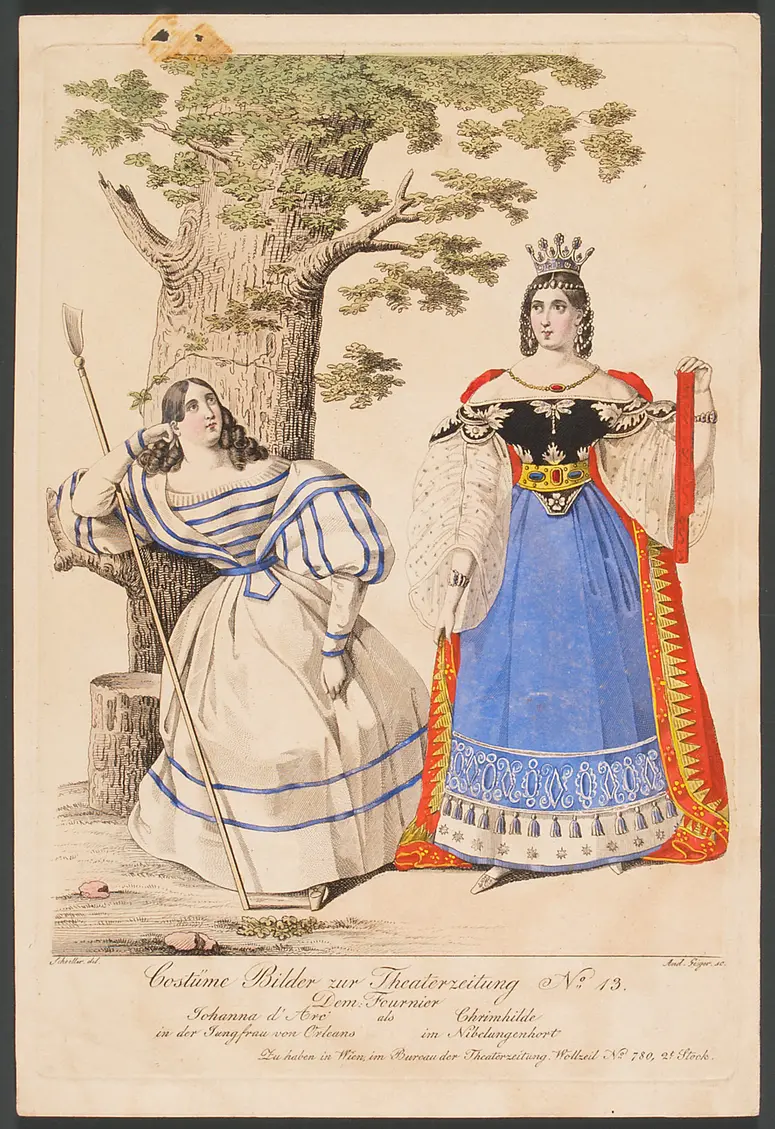 Antonie Fournier, Titel in Vorlageform: Dem. Fournier als Johanna d'Arc in der Jungfrau von Orleans, Titel in Vorlageform: Dem. Fournier als Chrimhilde im Nibelungenhort, Titel der Serie: Costume-Bild, Name der Zeitschrift: Wiener Theaterzeitung, Verweis auf Stücktitel: Die Jungfrau von Orleans, Verweis auf Stücktitel: Der Nibelungenhort