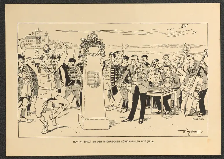 Horthy spielt zu den ungarischen Königswahlen auf. (1919), Titel der Serie: Theo Zasche's Lachendes Wien
