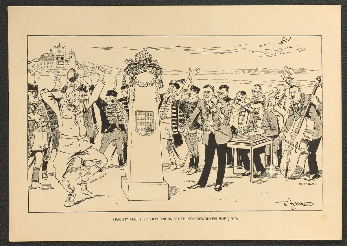 Horthy spielt zu den ungarischen Königswahlen auf. (1919), Titel der Serie: Theo Zasche's Lachendes Wien