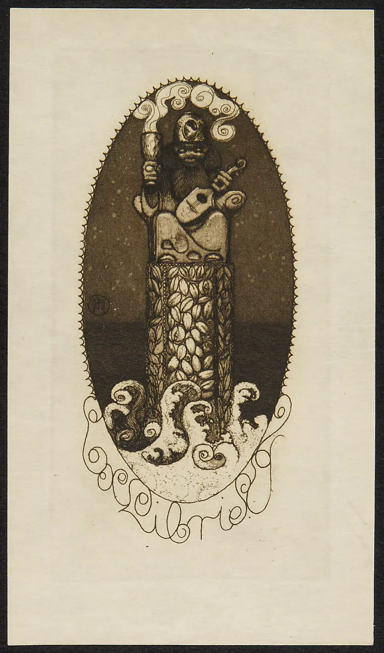 Exlibris Emma Teschner, Titel in Vorlageform: Exlibris E T, Alternativtitel: Exlibris mit Hausgötzen