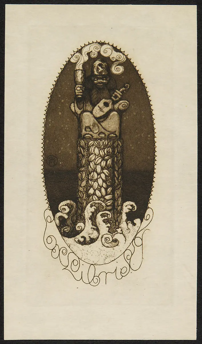Exlibris Emma Teschner, Titel in Vorlageform: Exlibris E T, Alternativtitel: Exlibris mit Hausgötzen