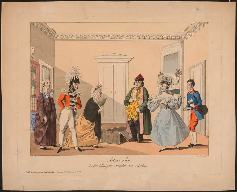 Die listigen Streiche des Nicolaus, Alternativtitel: Les Ruses de Nicolas, Titel in Vorlageform: Alexander / In den Listigen Streichen des Nicolaus, Titel der Serie: Gallerie drolliger Scenen, Name der Zeitschrift: Wiener Theaterzeitung