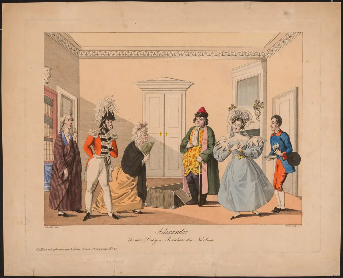 Die listigen Streiche des Nicolaus, Alternativtitel: Les Ruses de Nicolas, Titel in Vorlageform: Alexander / In den Listigen Streichen des Nicolaus, Titel der Serie: Gallerie drolliger Scenen, Name der Zeitschrift: Wiener Theaterzeitung