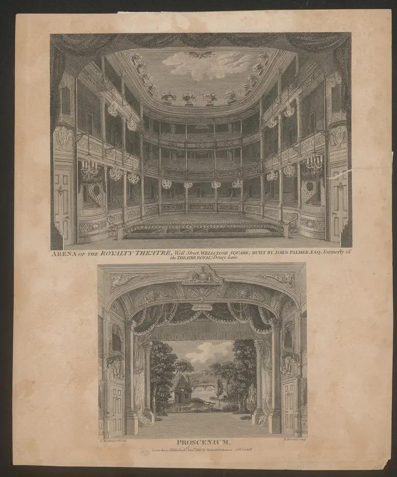 London, Royalty Theatre, Wellclose Square, Titel in Vorlageform: Arena of the Royalty Theatre, Well Street, Wellclose Square; Built by John Palmerm ESQ. formerly of the Theatre Royal, Drury Lane. / Proscenium., Titel der Serie: Londina Illustrata