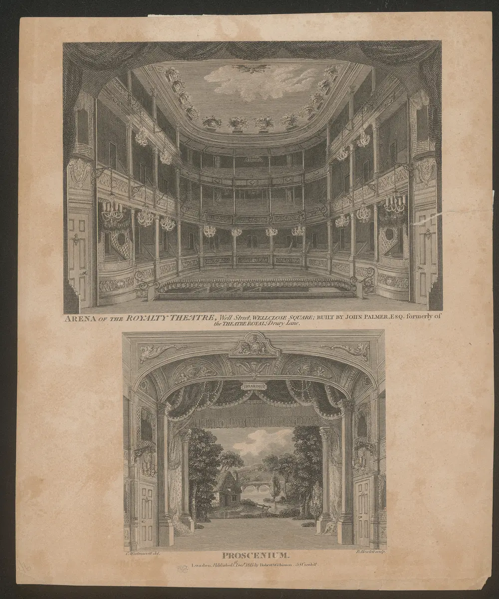 London, Royalty Theatre, Wellclose Square, Titel in Vorlageform: Arena of the Royalty Theatre, Well Street, Wellclose Square; Built by John Palmerm ESQ. formerly of the Theatre Royal, Drury Lane. / Proscenium., Titel der Serie: Londina Illustrata