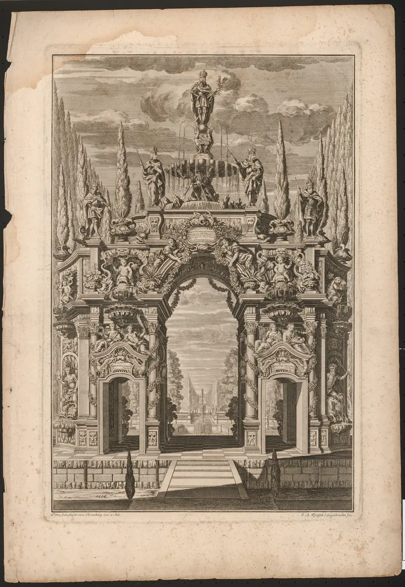 Triumphbogen, Titel in Vorlageform: Saeculum V. Imperii Romano-Germanici Rudolphi I. Habspurgici, Caesarum Austriacorum Patriarchae Magnanimitate triumphans, Titel der Serie: Triumphus Novem Saeculorum Imperii Romano-Germanici, Carolo Magno, Ausgustissimo Romanorum Imperatori, [...]