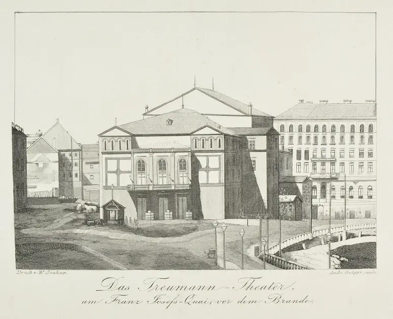 Wien, Treumann-Theater, Titel in Vorlageform: Das Treumann-Theater am Franz Josefs-Quai, vor dem Brande