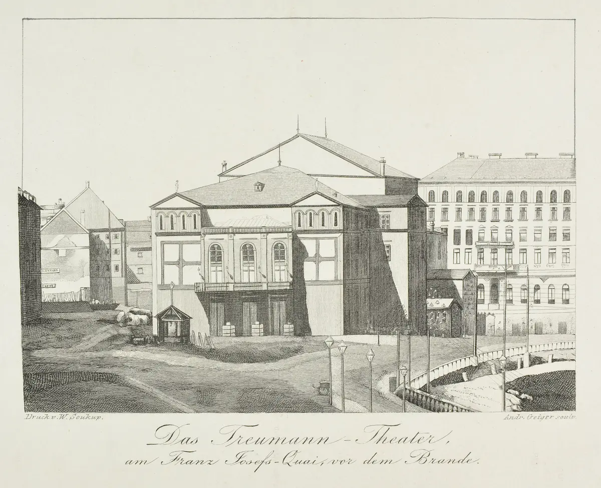 Wien, Treumann-Theater, Titel in Vorlageform: Das Treumann-Theater am Franz Josefs-Quai, vor dem Brande