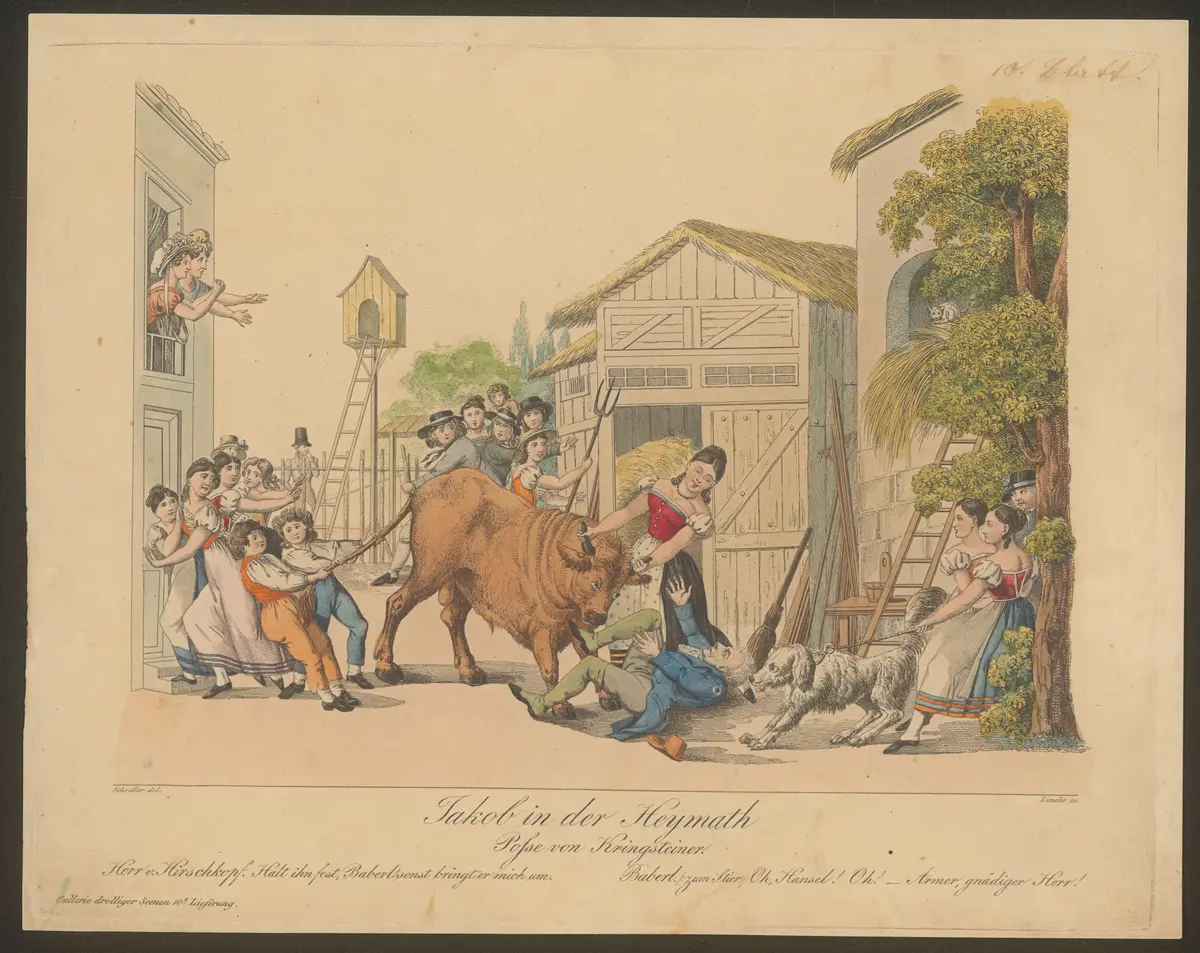 Jakob in der Heymath, Alternativtitel: Jakob in der Heimat, Titel der Serie: Gallerie drolliger Scenen, Name der Zeitschrift: Wiener Theaterzeitung