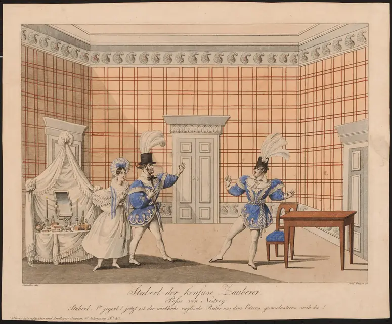 Staberl der konfuse Zauberer, Alternativtitel: Staberl als confuser Zauberer, oder Treue und Flatterhafigkeit, Titel der Serie: Gallerie interessanter und drolliger Scenen, Name der Zeitschrift: Wiener Theaterzeitung