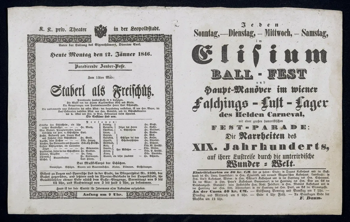 Staberl als Freischütz, Elisium / BALL-FEST und Haupt-Manöver im wiener Faschings-Lust-Lager des Helden Carneval, [...]