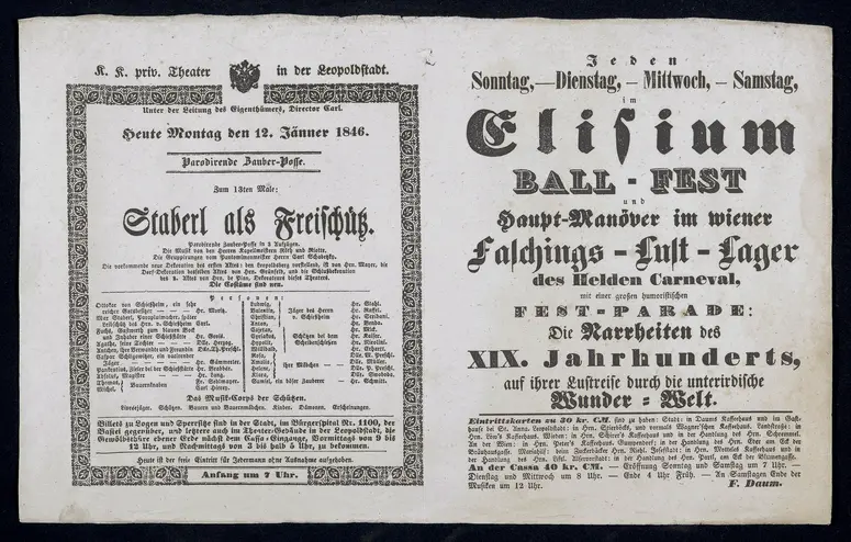 Staberl als Freischütz, Elisium / BALL-FEST und Haupt-Manöver im wiener Faschings-Lust-Lager des Helden Carneval, [...]