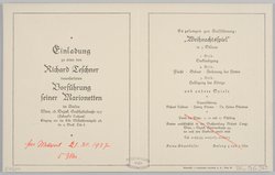 Richard Teschners Figurentheater, Titel in Vorlageform: Einladung zu einer von Richard Teschner veranstalteten Vorführung seiner Marionetten, Verweis auf Stücktitel: Weihnachtsspiel