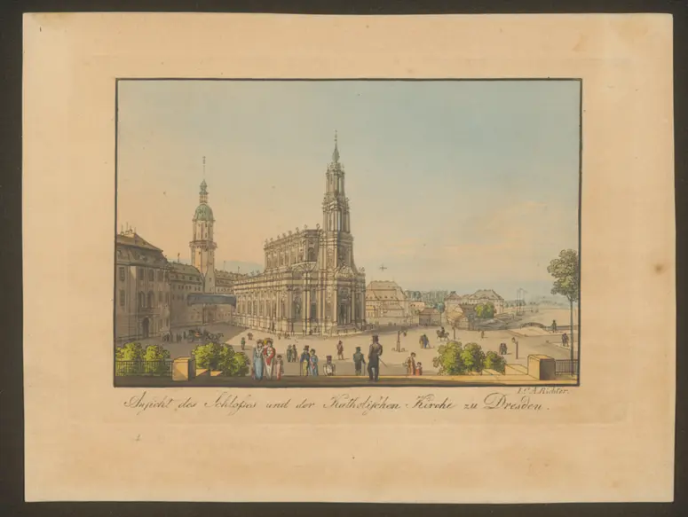 Dresden (allgemein), Schloss und Katholische Hofkirche, Titel in Vorlageform: Ansicht des Schlosses und der Katholische Kirche zu Dresden