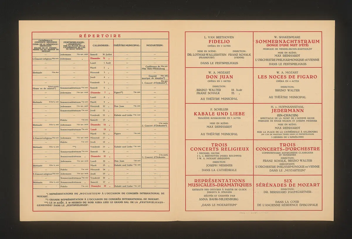 Salzburger Festspiele 1927, Titel in Vorlageform: Festival de Salzbourg 1927, Verweis auf Stücktitel: Fidelio, Verweis auf Stücktitel: Don Juan, Verweis auf Stücktitel: Figaros Hochzeit, Verweis auf Stücktitel: Kabale und Liebe, Verweis auf Stücktitel: Sommernachtstraum, Verweis auf Stücktitel: Jedermann