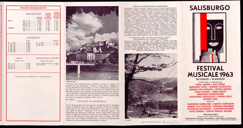 Salzburger Festspiele 1963, Titel in Vorlageform: Salzburgo Festival musicale 1963, Verweis auf Stücktitel: Iphigenie in Aulis, Verweis auf Stücktitel: Cosi fan tutte, Verweis auf Stücktitel: Die Entführung aus dem Serail, Verweis auf Stücktitel: Figaros Hochzeit, Verweis auf Stücktitel: Die Zauberflöte, Verweis auf Stücktitel: Der Rosenkavalier, Verweis auf Stücktitel: Der Troubadour, Verweis auf Stücktitel: Jedermann, Verweis auf Stücktitel: Faust