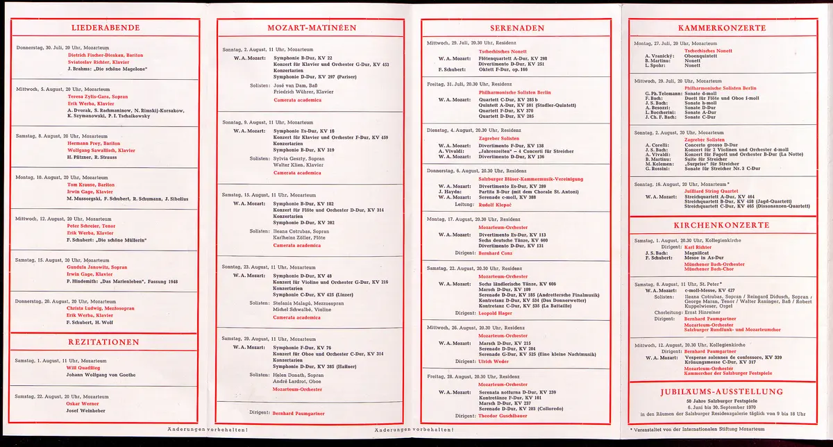 Salzburger Festspiele 1970, Verweis auf Stücktitel: Fidelio, Verweis auf Stücktitel: Rappresentatione di anima e di corpo, Verweis auf Stücktitel: Bastien und Bastienne, Verweis auf Stücktitel: Cosi fan tutte, Verweis auf Stücktitel: Don Giovanni, Verweis auf Stücktitel: Die Entführung aus dem Serail, Verweis auf Stücktitel: Figaros Hochzeit, Verweis auf Stücktitel: Die Zauberflöte, Verweis auf Stücktitel: La serva padrona, Verweis auf Stücktitel: Othello, Verweis auf Stücktitel: Jedermann, Verweis auf Stücktitel: Warten auf Gordot, Verweis auf Stücktitel: Figaro lässt sich scheiden, Verweis auf Stücktitel: Zum großen Wurstel, Verweis auf Stücktitel: Hamlet