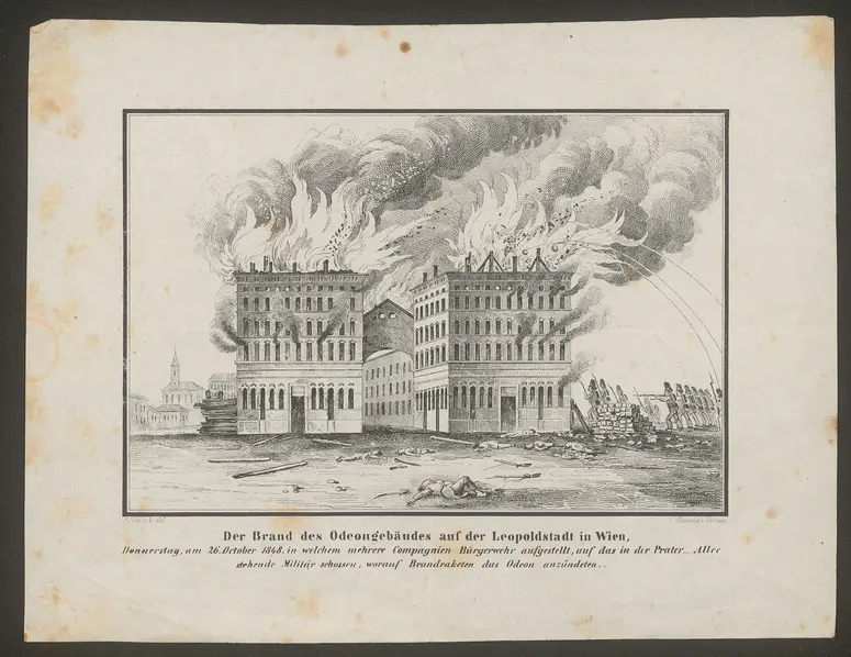 Wien (allgemein), Odeonsaal, Titel in Vorlageform: Der Brand des Odeonsgebäudes auf der Leopoldstadt in Wien