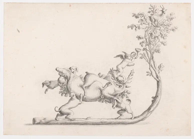 Schlitten mit Eber und Jagdhunden