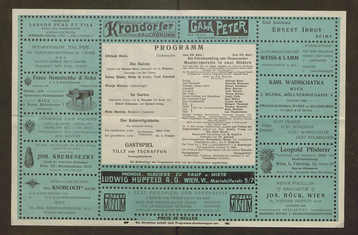 Kabarett Fledermaus, Titel in Vorlageform: Fledermaus Theater und Kabarett, Verweis auf Stücktitel: Die Naiven, Verweis auf Stücktitel: Im Garten, Verweis auf Stücktitel: Der Kabarettgedanke, Der Petroleumkönig