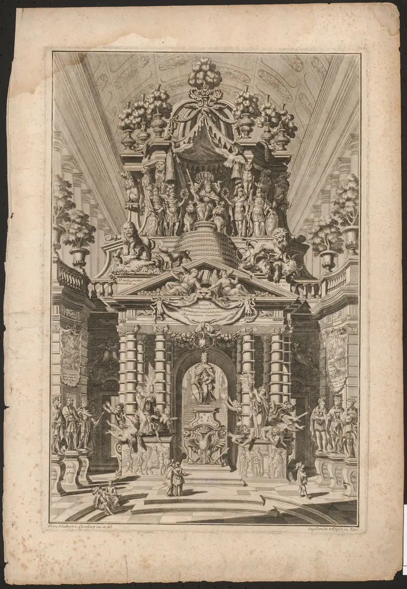 Triumphbogen, Titel in Vorlageform: Saeculum V. Imperii Romano-Germanici Rudolphi I. Habspurgici, Caesarum Austriacorum Patriarchae Magnanimitate triumphans, Titel der Serie: Triumphus Novem Saeculorum Imperii Romano-Germanici, Carolo Magno, Ausgustissimo Romanorum Imperatori, [...]