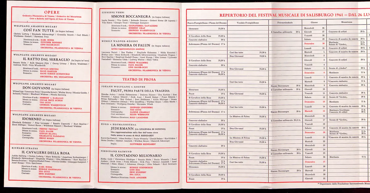 Salzburger Festspiele 1961, Titel in Vorlageform: Salzburgo Festival musicale 1961, Verweis auf Stücktitel: Cosi fan tutte, Verweis auf Stücktitel: Die Entführung aus dem Serail, Verweis auf Stücktitel: Don Giovanni, Verweis auf Stücktitel: Idomeneo, Verweis auf Stücktitel: Der Rosenkavalier, Simon Boccanegra, Verweis auf Stücktitel: Das Bergwerk zu Falun, Verweis auf Stücktitel: Jedermann, Verweis auf Stücktitel: Faust, Verweis auf Stücktitel: Der Bauer als Millionär