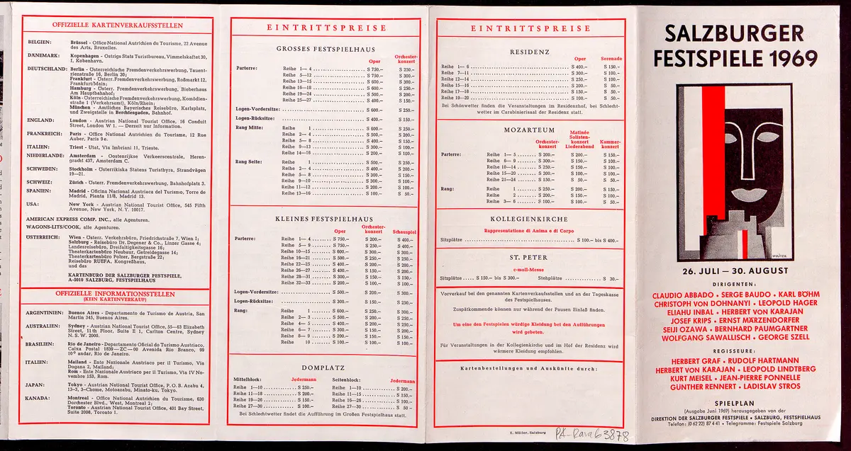 Salzburger Festspiele 1969, Titel in Vorlageform: Salzburg Festival 1969, Verweis auf Stücktitel: Fidelio, Verweis auf Stücktitel: Rappresentatione di anima e di corpo, Verweis auf Stücktitel: Bastien und Bastienne, Verweis auf Stücktitel: Cosi fan tutte, Verweis auf Stücktitel: Don Giovanni, Verweis auf Stücktitel: La serva padrona, Verweis auf Stücktitel: Der Barbier von Sevilla, Verweis auf Stücktitel: Der Rosenkavalier, Verweis auf Stücktitel: Jedermann, Verweis auf Stücktitel: Der Alpenkönig und der Menschenfeind