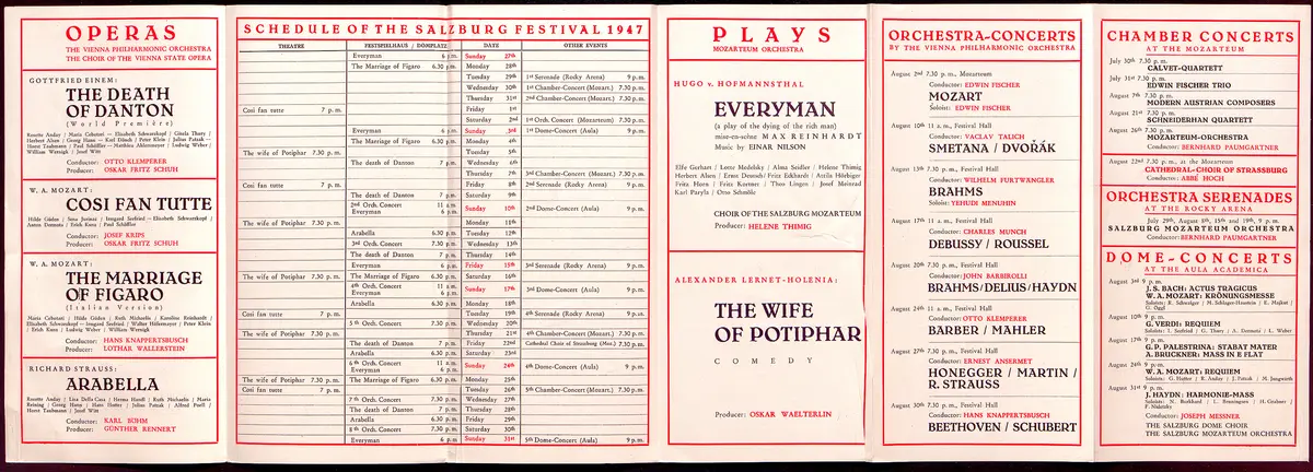 Salzburger Festspiele 1947, Titel in Vorlageform: Salzburg Festivals 1947, Verweis auf Stücktitel: Dantons Tod, Verweis auf Stücktitel: Cosi fan tutte, Verweis auf Stücktitel: Figaros Hochzeit, Verweis auf Stücktitel: Arabella, Verweis auf Stücktitel: Jedermann, Verweis auf Stücktitel: Die Frau des Potiphar
