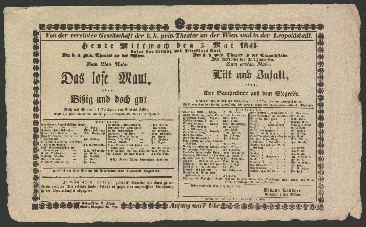 Das lose Maul , oder Bißig und doch gut, Alternativtitel: Das lose Maul , oder Bissig und doch gut, List und Zufall, oder Der Bauchredner aus dem Stegreife
