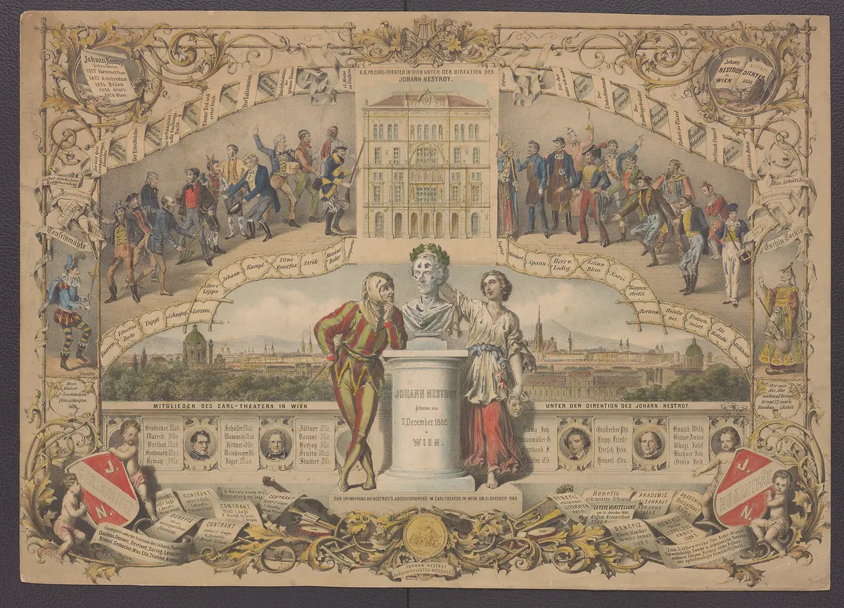 Johann Nepomuk Nestroy, Titel in Vorlageform: Johann Nestroy / als Schauspieler, Dichter, Direktor und Mensch / simbolgrafisches Lebensbild