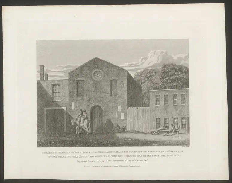 Ipswich, Theatre in Tankard Street, Titel in Vorlageform: Theatre in Tanrad Street Ipswich where Garrick made his first appearance , 21st July 1741.