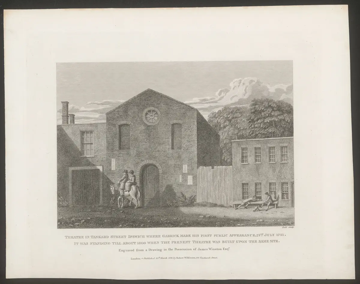 Ipswich, Theatre in Tankard Street, Titel in Vorlageform: Theatre in Tanrad Street Ipswich where Garrick made his first appearance , 21st July 1741.