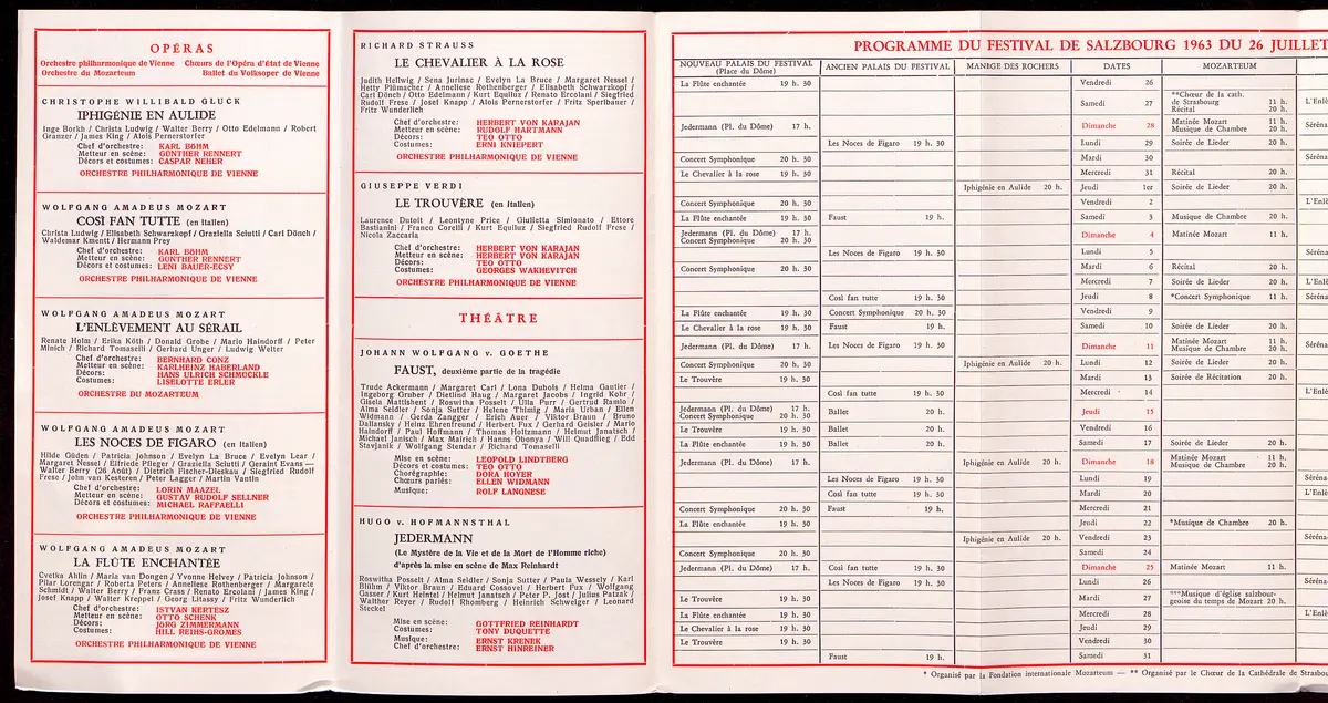 Salzburger Festspiele 1963, Titel in Vorlageform: Salzbourg Festival 1963, Verweis auf Stücktitel: Iphigenie in Aulis, Verweis auf Stücktitel: Cosi fan tutte, Verweis auf Stücktitel: Die Entführung aus dem Serail, Verweis auf Stücktitel: Figaros Hochzeit, Verweis auf Stücktitel: Die Zauberflöte, Verweis auf Stücktitel: Der Rosenkavalier, Verweis auf Stücktitel: Der Troubadour, Verweis auf Stücktitel: Jedermann, Verweis auf Stücktitel: Faust