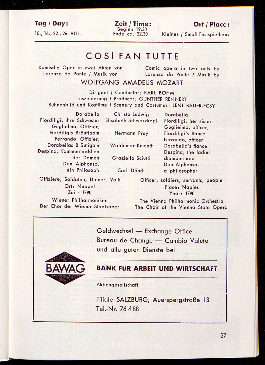 Salzburger Festspiele 1964, Titel in Vorlageform: Salzburgo Festival 1964, Verweis auf Stücktitel: Cosi fan tutte, Verweis auf Stücktitel: Figaros Hochzeit, Verweis auf Stücktitel: Lucio Silla, Verweis auf Stücktitel: Die Zauberflöte, Verweis auf Stücktitel: Ariadne auf Naxos, Verweis auf Stücktitel: Elektra, Verweis auf Stücktitel: Der Rosenkavalier, Verweis auf Stücktitel: Macbeth, Verweis auf Stücktitel: Jedermann, Verweis auf Stücktitel: Faust, Verweis auf Stücktitel: Die lustigen Weiber von Windsor