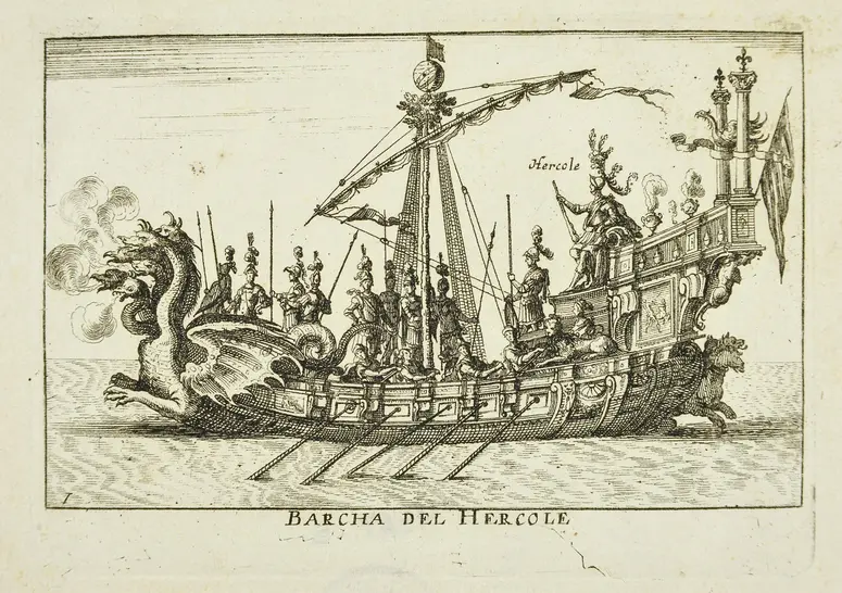 Le Magnifique carousel fait sur le fleuve de l'Arne a Florence pour le marriage de Grande Duc, Inventartitel: Carousel auf dem Arnofluß, Verweis auf Stücktitel: L'Argonautica