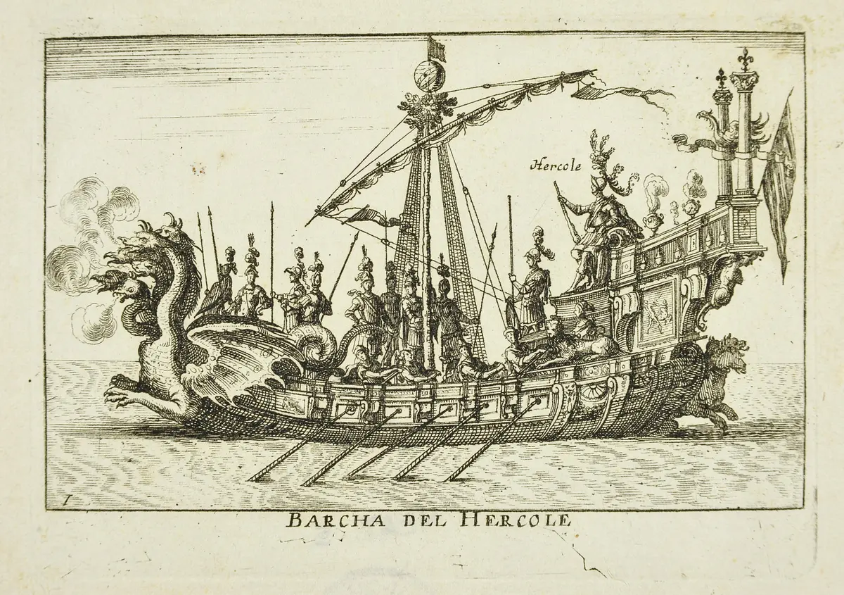 Le Magnifique carousel fait sur le fleuve de l'Arne a Florence pour le marriage de Grande Duc, Inventartitel: Carousel auf dem Arnofluß, Verweis auf Stücktitel: L'Argonautica