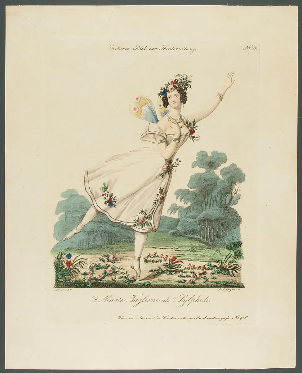 Marie Taglioni, Titel in Vorlageform: Marie Taglioni als Sylphide, Titel der Serie: Costume-Bild, Name der Zeitschrift: Wiener Theaterzeitung, Verweis auf Stücktitel: La Sylphide