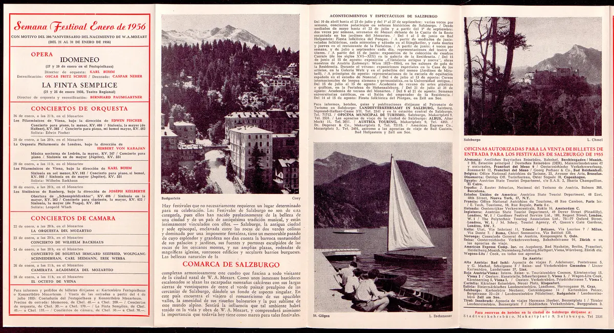 Salzburger Festspiele 1955, Titel in Vorlageform: Salzburgo Festivales de 1955, Verweis auf Stücktitel: Irische Legende, Verweis auf Stücktitel: Zauberflöte, Verweis auf Stücktitel: Entführung aus dem Serail, Verweis auf Stücktitel: Palestrina, Verweis auf Stücktitel: Ariadne auf Naxos, Verweis auf Stücktitel: Jedermann, Verweis auf Stücktitel: Kabale und Liebe